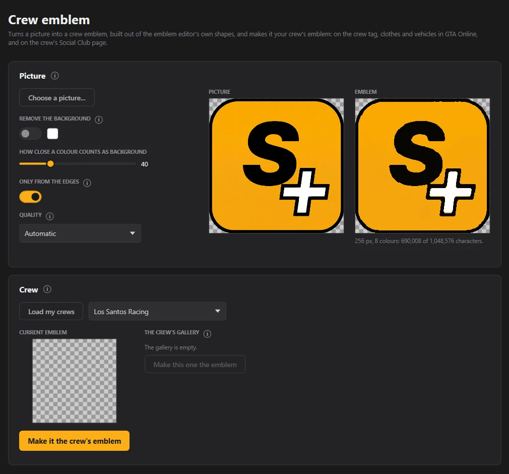 The Crew emblem page with a picture turned into an emblem