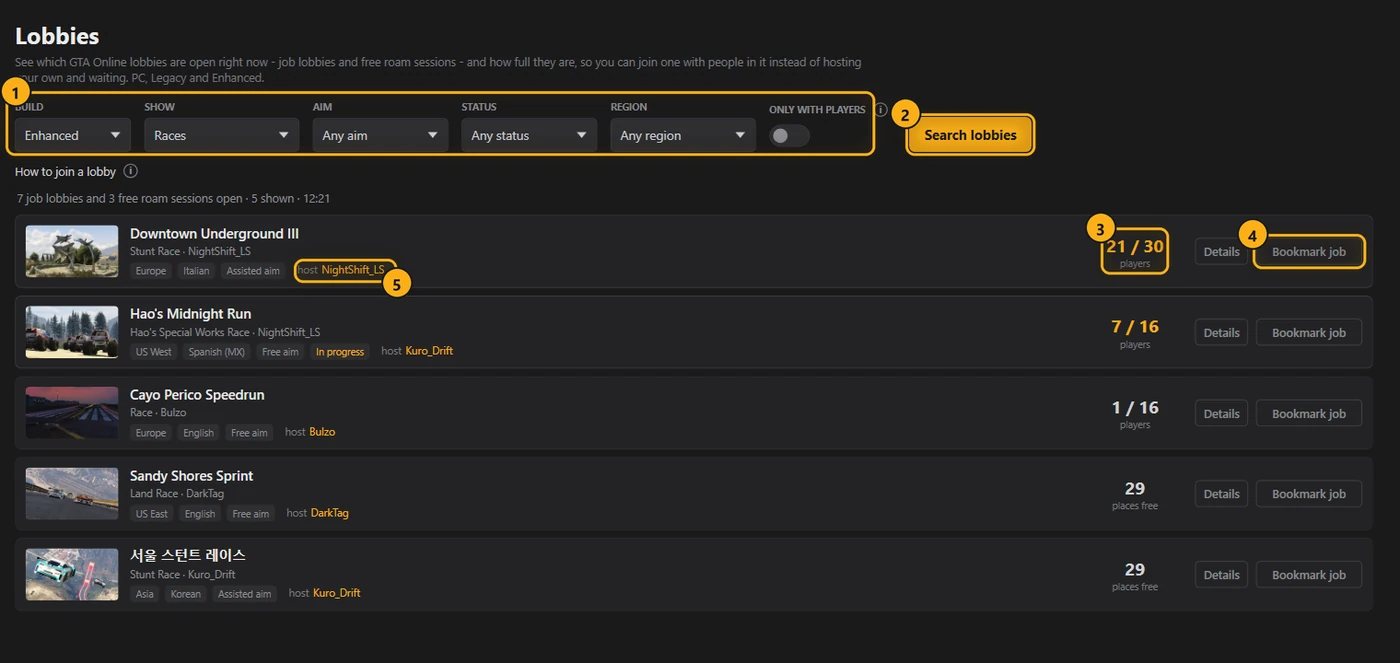 The Lobbies page with a list of open race lobbies