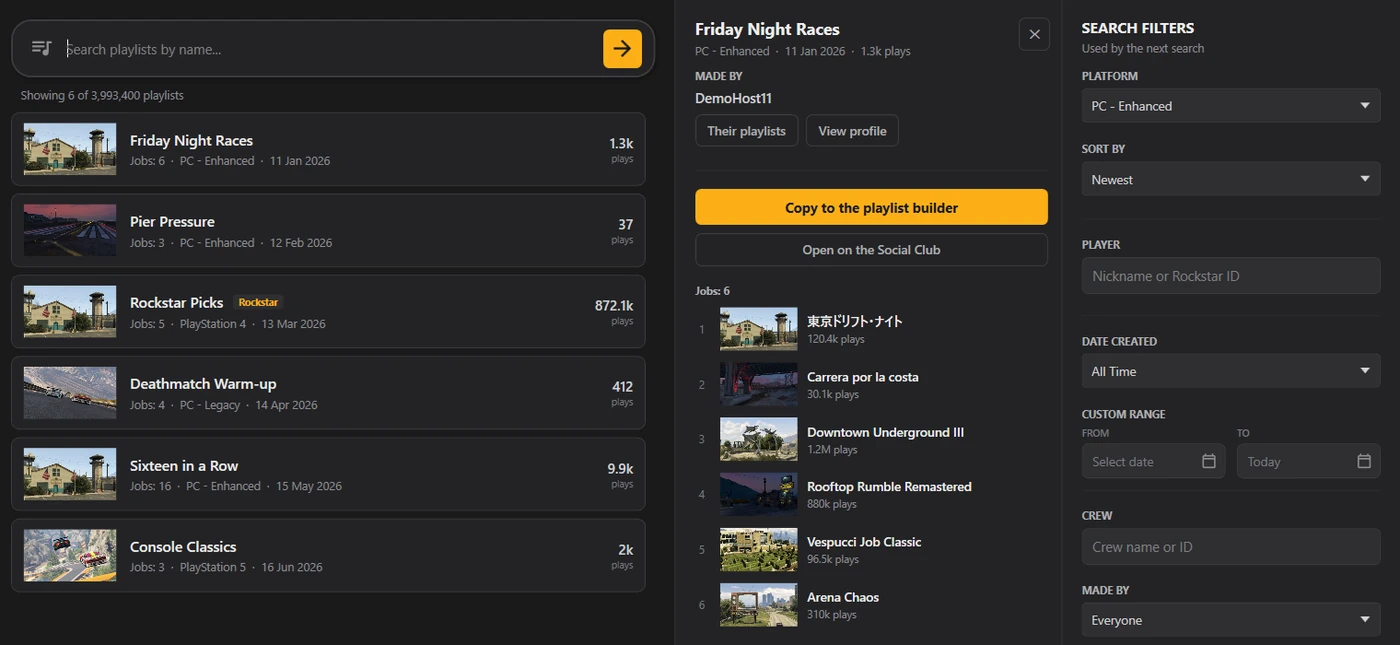 Playlist Search with a playlist open and its jobs listed