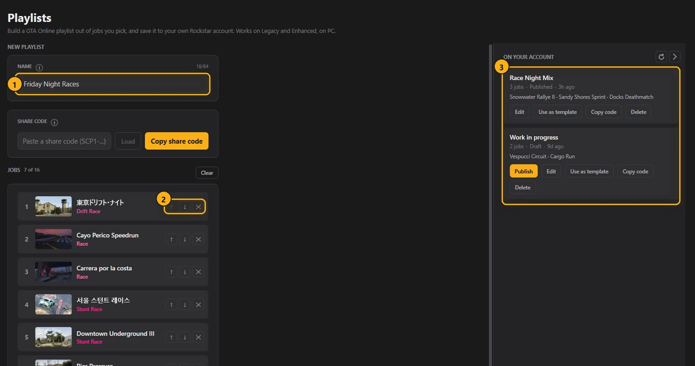 The Playlists page with a new playlist being built