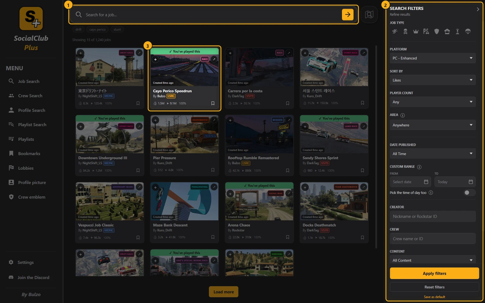 The Job Search page with the search box, the filters panel and a job card highlighted