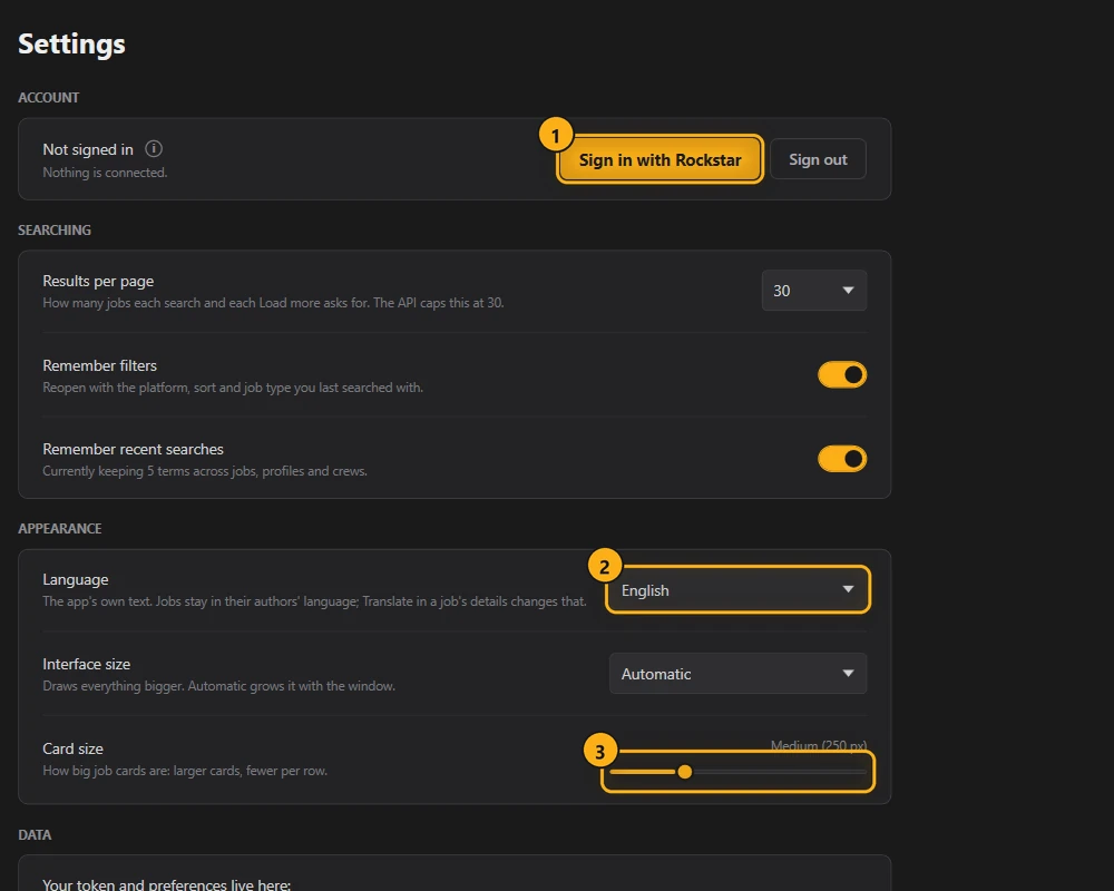 The Settings page